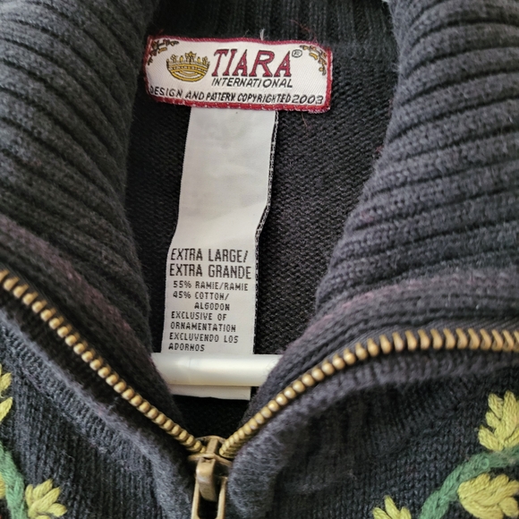 Navy Zip-Front Cardigan with Red Floral Embroidery - Picture 2 of 3